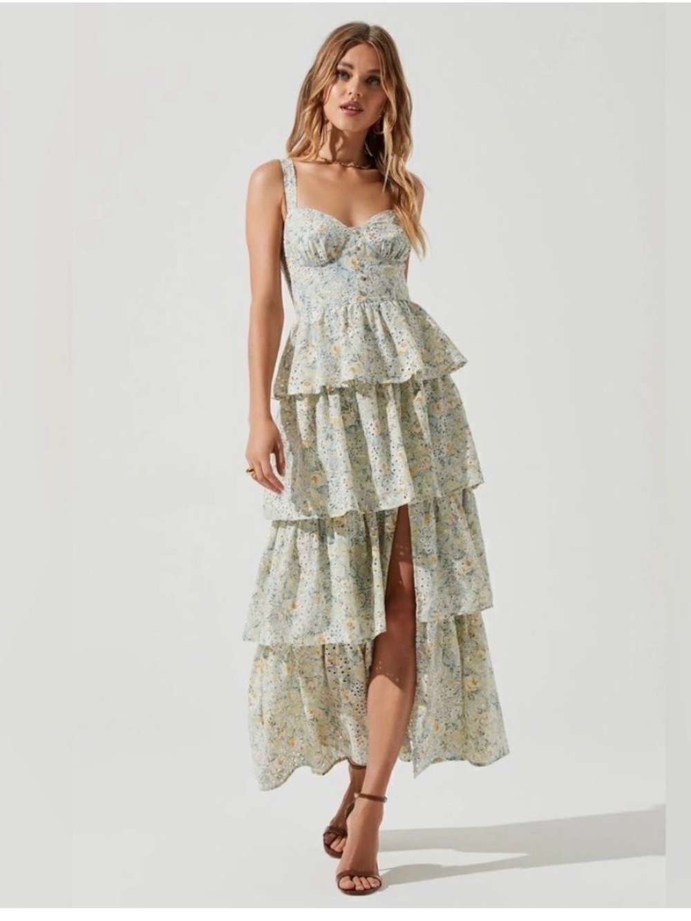 ASTR the Label Floral Tiered Maxi Dress with Slits cottage core mint eyelet